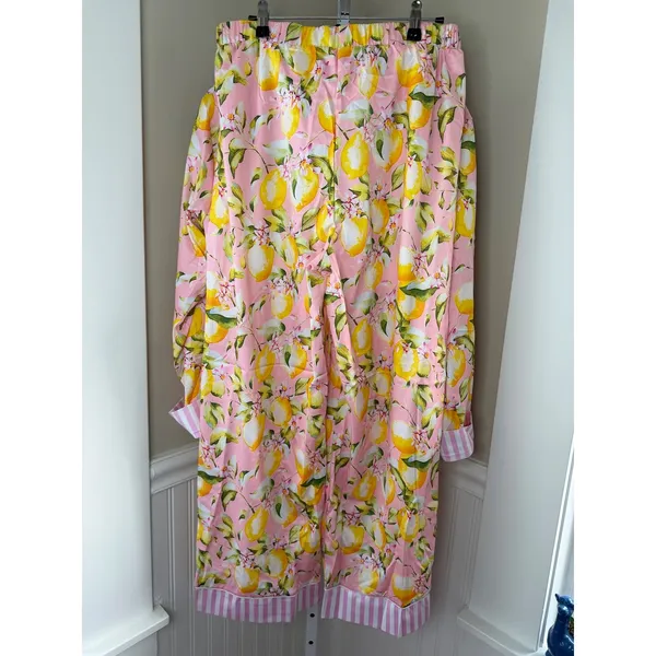 Pink Lemon Print Pajama Set Button Down Long Sleeve Pants Small - Image 5