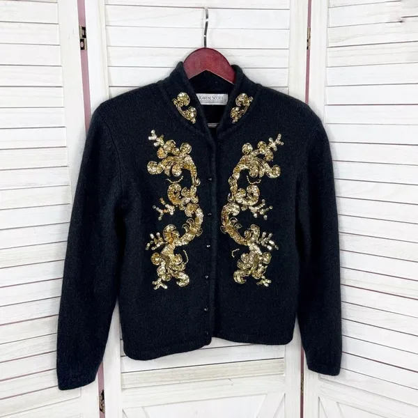 Vintage Karen Scott Sequin Fuzzy Angora Wool Cardigan Sweater Black‎ Gold Medium - Image 7