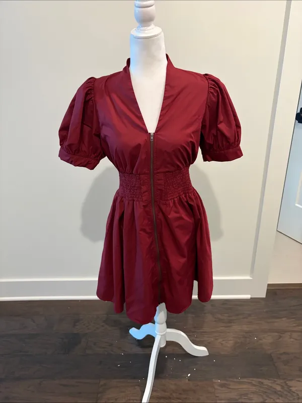 New With Tags Entro Avara Puff Sleeve Zip Front Burgundy Dress Sz S - Image 4