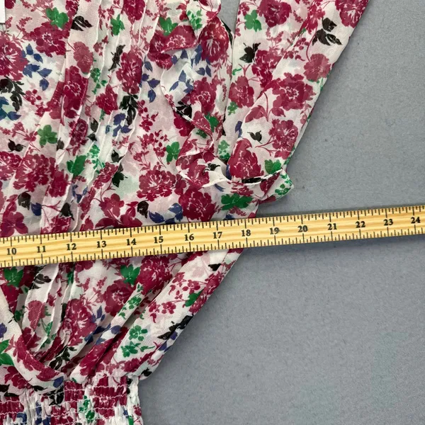 MISA Los Angeles Floral Smocked Peplum Top Pink‎ White V-Neck Long Sleeve Medium - Image 3