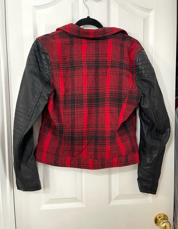 Red & Black Plaid Moto Jacket With Faux Leather Sleeves - Image 6