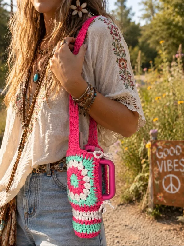 Handmade Stanley Cup PINK Crochet Bag Water Carrier Purse 40oz size - Purse only - Image 8