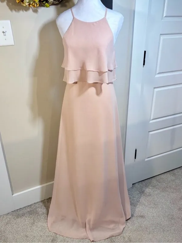 💥Jenny Yoo Charlie Blush Chiffon Ruffle Halter Bridesmaid Maxi Gown Sz 2 🧡 - Image 3