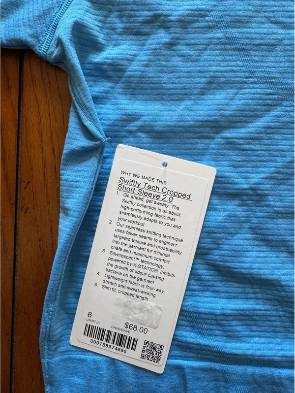 Lululemon Swiftly Tech Cropped Short Sleeve 2.0 Ocean Wave Size 8 NWT - Image 4