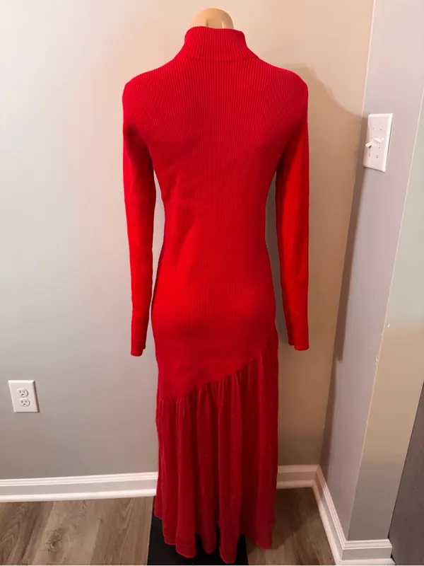 Commense Red Maxi Sweater Dress Ribbed Large Turtleneck Sheer Hem Evening - Image 7