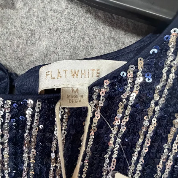 Anthropologie Flat White Sequin Stripe Midi Dress Womens M Blue Evening Cocktail - Image 15