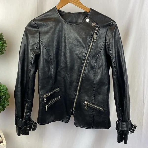 Nanette Lepore Black Faux Leather Zip Up Cropped Moto Motorcycle Jacket S - Image 2