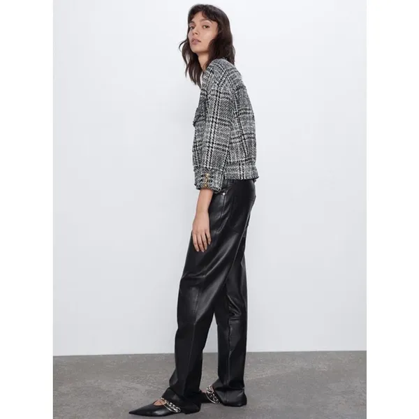 Zara Women's Black White Plaid Tweed Long Sleeve Crew Neck Coat Jacket Top S - Image 4