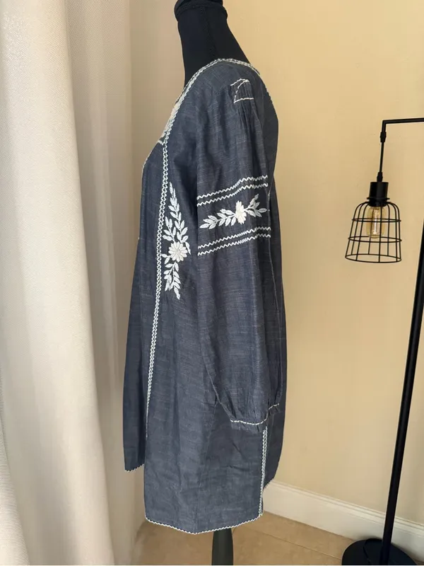 Roller Rabbit Abigail Blue Embroidered Cotton Tunic Dress Boho Medium - Image 5