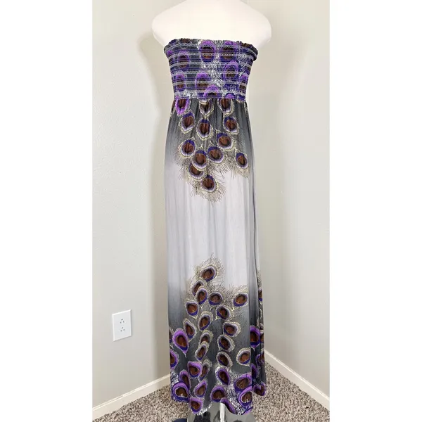 FOREVER 21 Y2K Strapless Maxi Dress S/P‎ Peacock Feather Print Smocked Bodice - Image 2