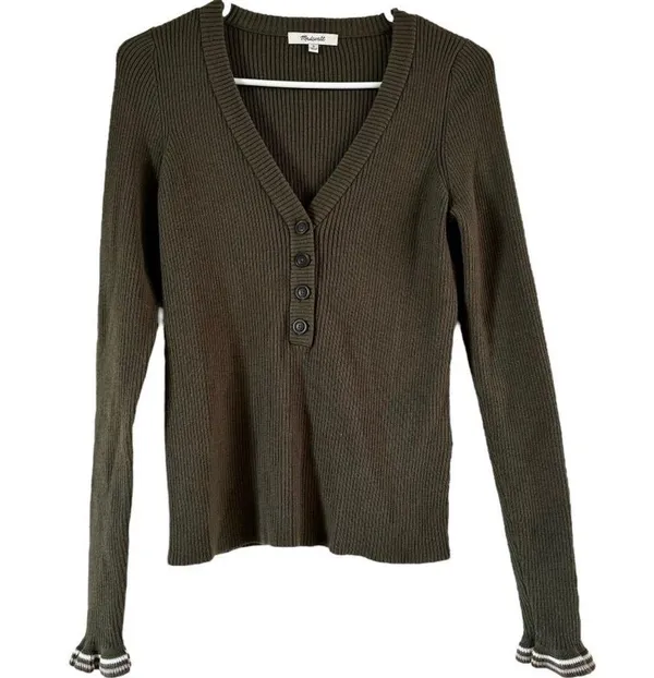 Madewell Ruffle Cuff Henley Sweater Ribbed Knit Pullover Slim Fit Green Medium - Image 2