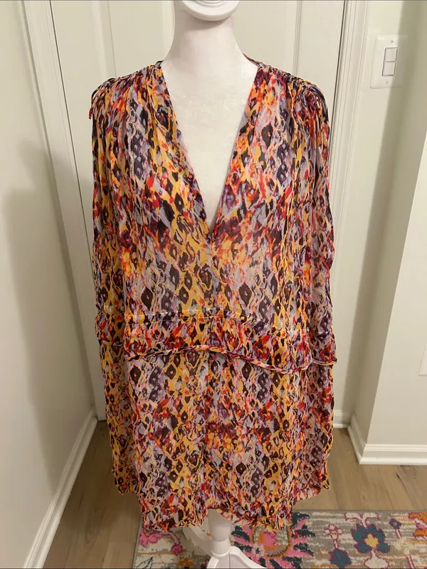 IRO Orange Plum Ohno Abstract Tribal Print Mini Flowy Tie Waist Sleeveless Dress - Image 5