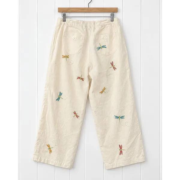 Paraphrase Linen Pants Womens 12 Ivory Embroidered Dragonfly Wide Leg Crop - Image 2