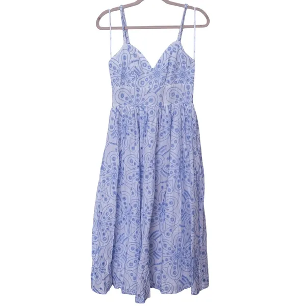 Lulus Floral Eyelet Embroidered Midi Dress Small White Blue Preppy Party Greece - Image 2
