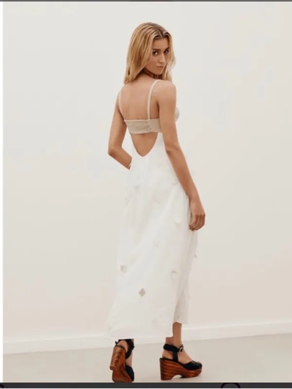 Cream and Tan Cutout Maxi Dress with Decorative Accents - Image 2