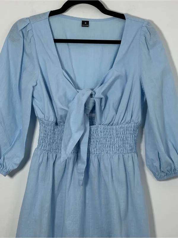 SHEIN Women’s Blue Tie Front Smocked Waist Midi Dress Size Medium 100% Cotton - Image 2