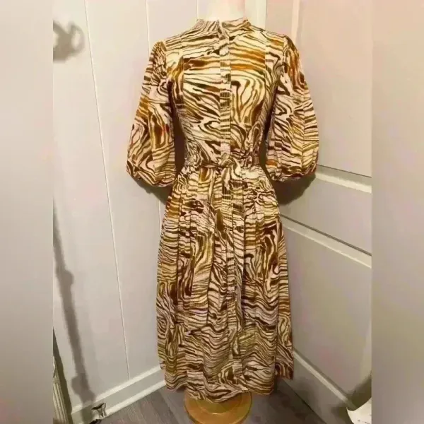 Anthropologie Love The Label Yellow Artsy Bohemian Midi Dress Puff Sleeve Safari - Image 2