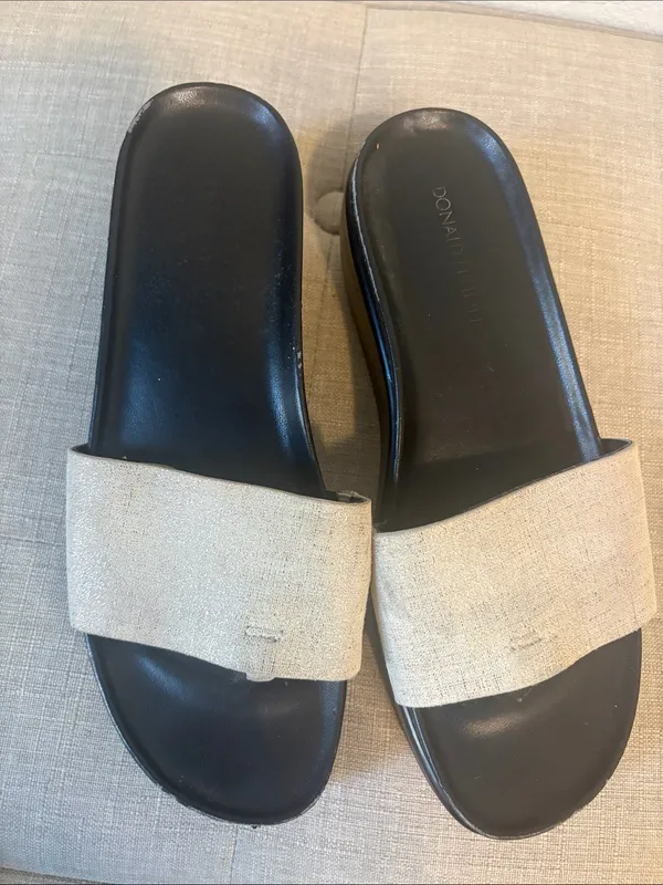 Donald J. Pliner Fiji Black Platform Slide Mules with Beige Fabric Strap 7.5 - Image 3