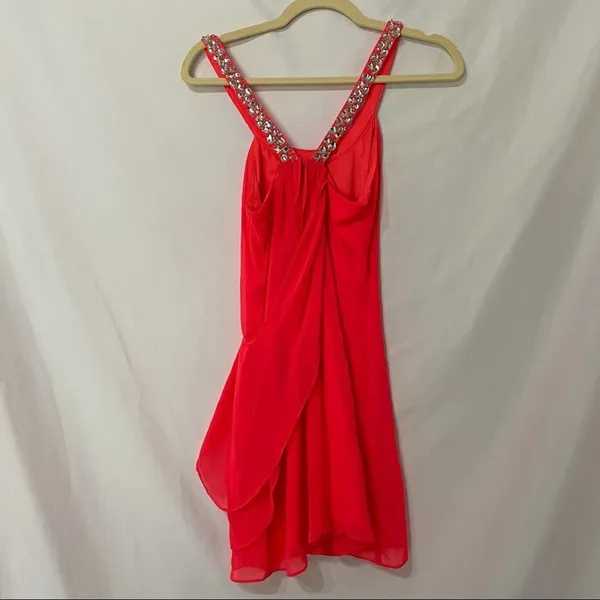 Hailey Logan Neon Orange Prom Dress Womens 4 Short Draped Barbie Mini Rhinestone - Image 8