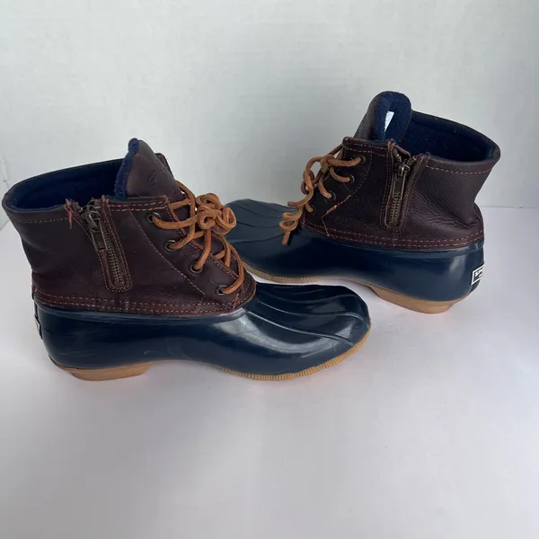 Sperry STS91175 Saltwater Duck Rain Winter Brown Leather Navy Lace Up Boots 7M - Image 7