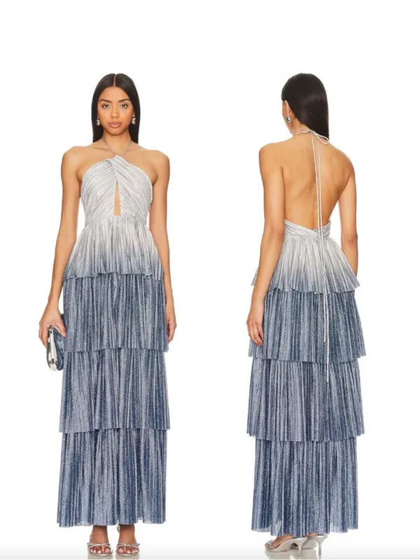 Line & Dot Oracle Maxi Dress Denim Blue Halter Tiered Ruffle Formal Gown - Image 2