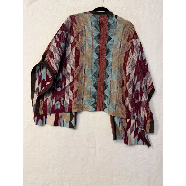 Eddie Bauer Southwestern Geometric Open Front‎ Cardigan Sweater Burgundy Teal L - Image 5