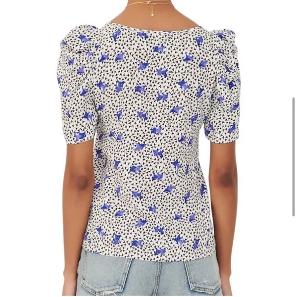 MAJE Lensam Floral Leaf Blue/White V-neck Short Puff Shoulder Blouse Size Small - Image 6