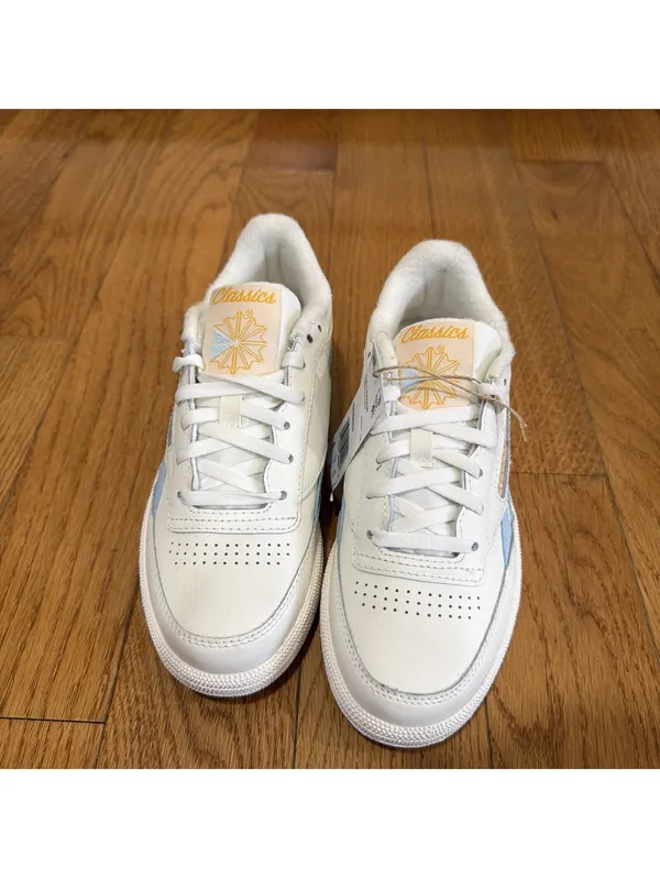 Size 6 US women’s Reebok Club C Revenge Sneakers White Light Blue Gold Leather - Image 4