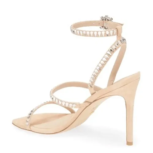 Stuart Weitzman Crystal Embellished Strappy Sandals Beige Suede Heels Size 8B - Image 2