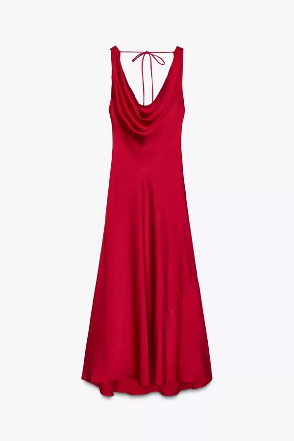 Zara Elegant Red Satin Long Dress Evening Party Gown - Image 7