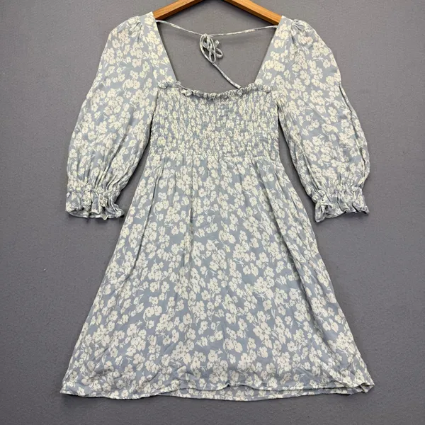 Reformation Light Blue Floral Smocked Square Neck Mini Dress XS - Image 7