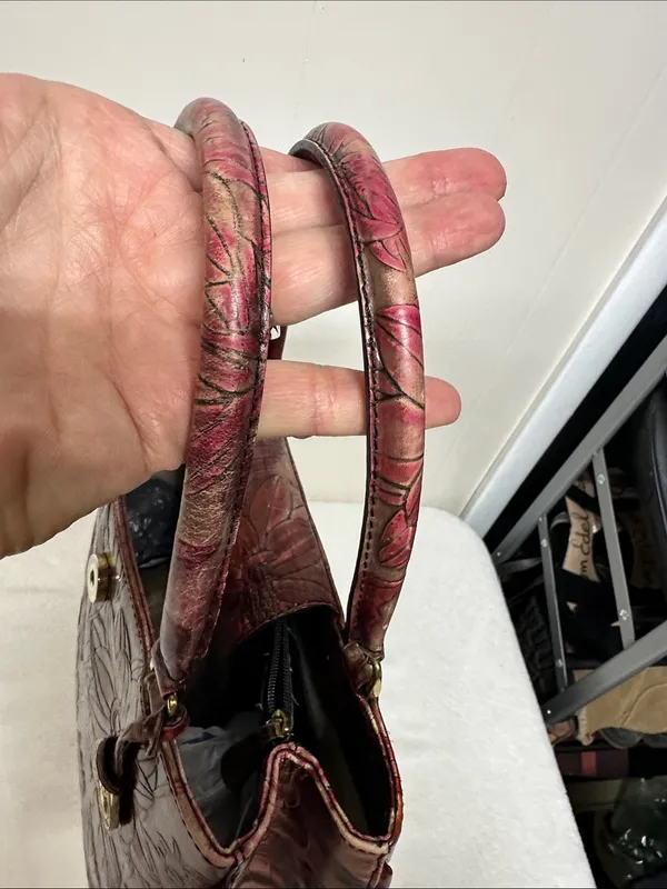 Rare vintage Embossed Brahmin Burgundy Floral Embossed Leather Satchel - Image 10