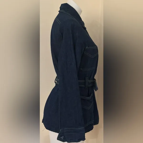 No Tag Denim Tie Blue Jean Jacket With Yellow Thread Collar Button Down Sz 9/10. - Image 7
