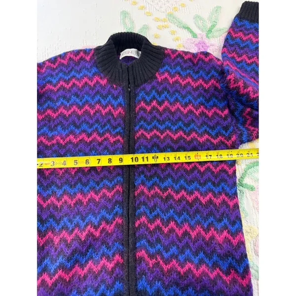 Vintage Kerri Kelsey Mohair Wool Zip Cardigan Sweater‎ Pink Purple Chevron Small - Image 4