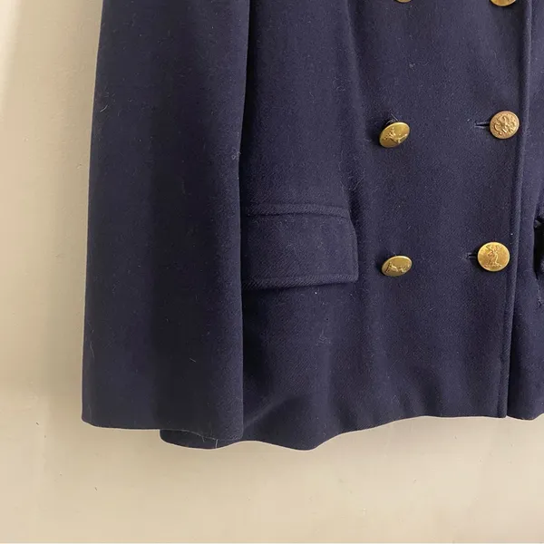 Vintage Navy Wool Pea Coat Red Lining Brass Stag Buttons Double Breasted - Image 6