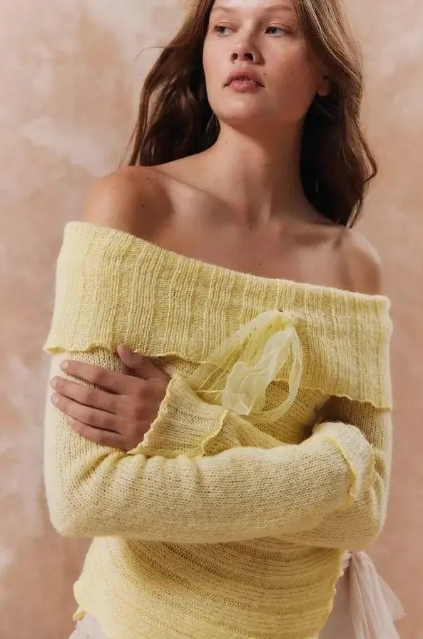 Urban Outfitters Kimchi Blue Yellow Fiona Off the Shoulder Sweater with Bow - Image 6