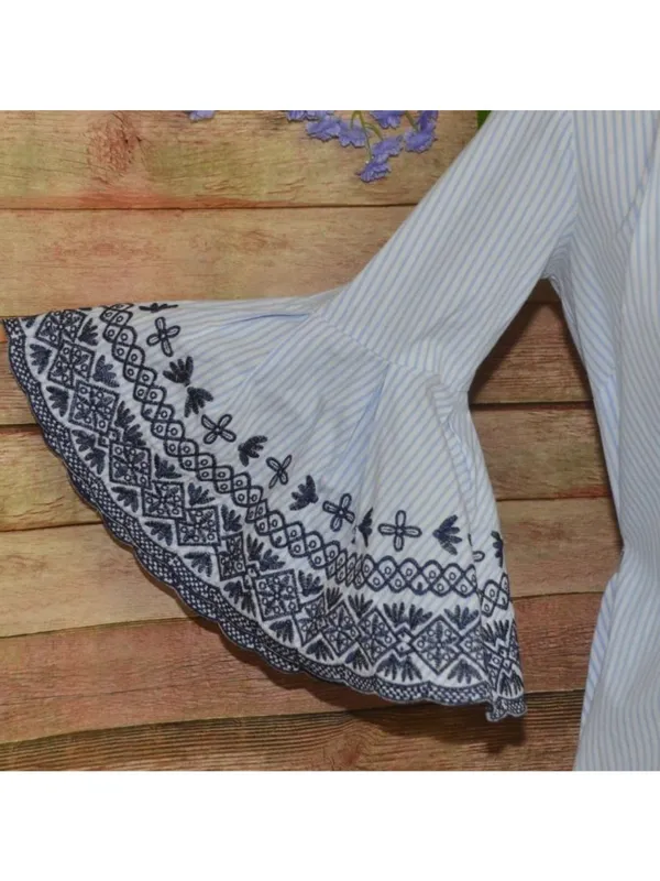 Cremieux Womens SZ 0 Blue White Striped Embroidered Bell Sleeve Tie Waist Dress - Image 5