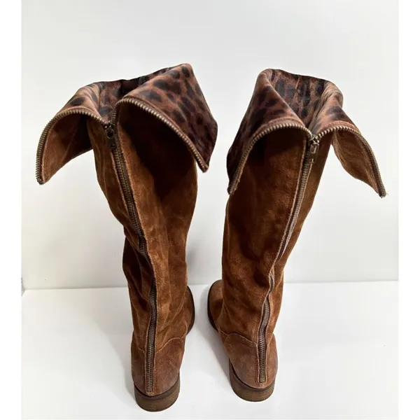 Born Malena‎ Tan Suede Leopard Print Cuff Tall Boots Back Zip 5.5M - Image 5