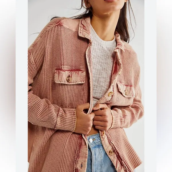 Free People One Scout Waffle Knit Jacket Pink Slouchy Dolman Sleeves - Image 3