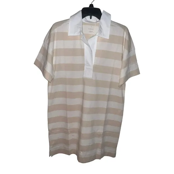 Everlane The Organic Cotton Polo Dress Short Sleeve Beige Striped‎ Size Medium - Image 3