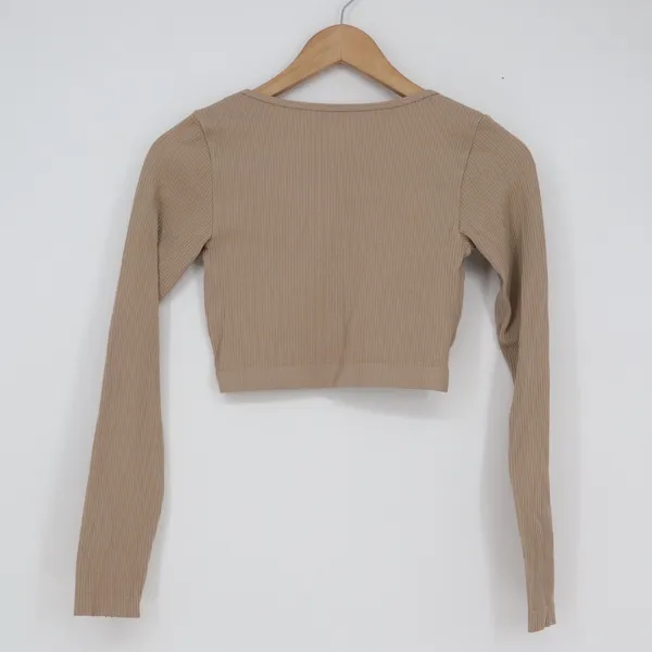 Garage Women Tan Ribbed V-Neck Long Sleeve Crop Top Beige XS - Image 3