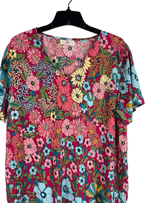 Natural Life Floral Mini Dress Womens M Pink Blue Boho Rayon Short Sleeve Hippie - Image 3