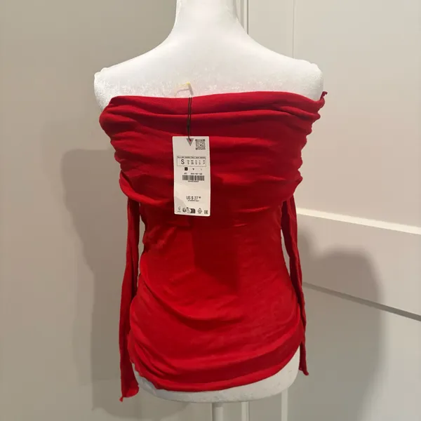 Zara Red Off Shoulder Ruched Mesh Long Sleeve Top Sheer Fitted NWT Small - Image 2