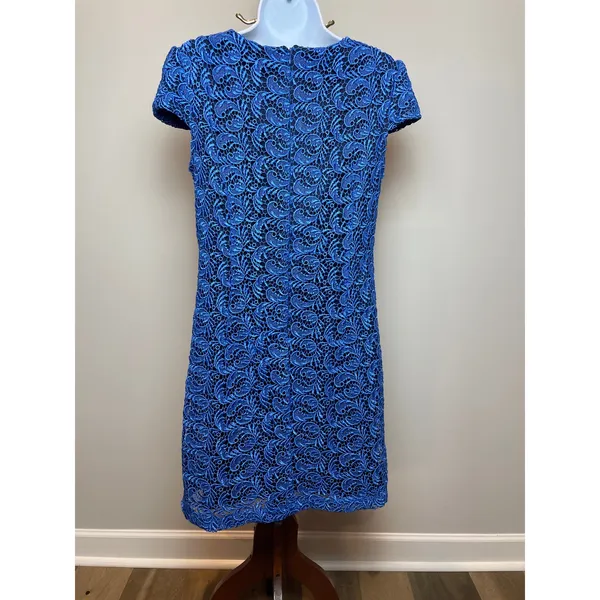 Pim + Larkin Dress Size M Royal Blue Scroll Lace Shift Lined Cap Sleeve - Image 3