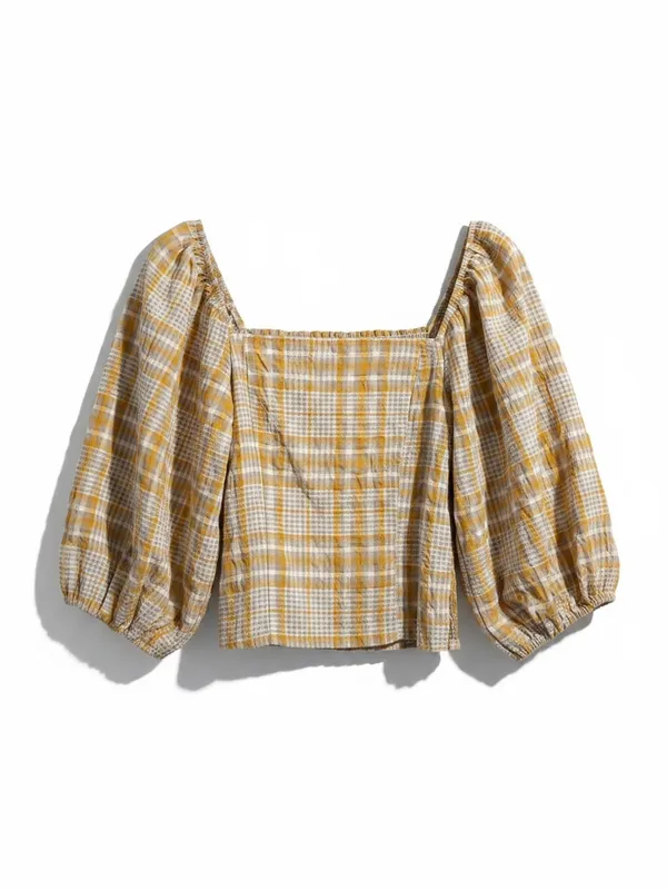 Maeve Anthropologie Plaid Square Neck Blouse Small Mustard NWT Puff Sleeve - Image 4