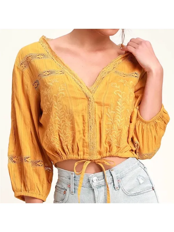 Free People Follow Your Heart Golden yellow Embroidered Lace Blouse size medium - Image 2