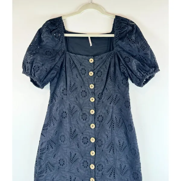 Free People Womens Dress Black Daniella Eyelet Mini Puffed Babydoll Boho Size 8 - Image 6