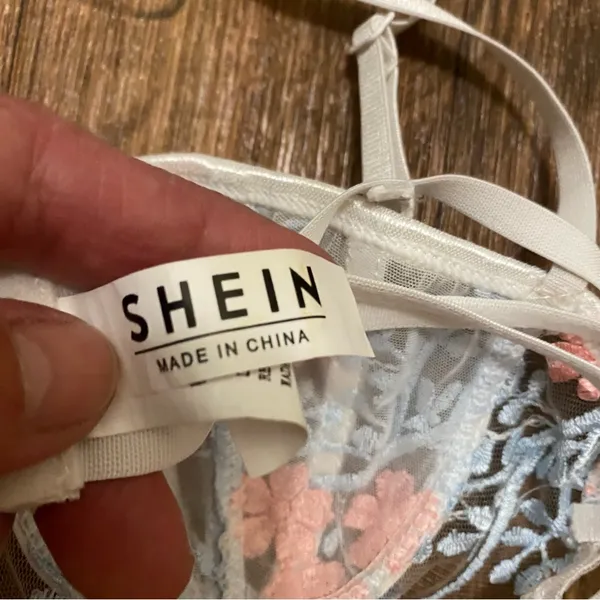 Shein Womens Bra Bralette S Small 34” Beige Sheer Pink & Blue Embroidered Floral - Image 6