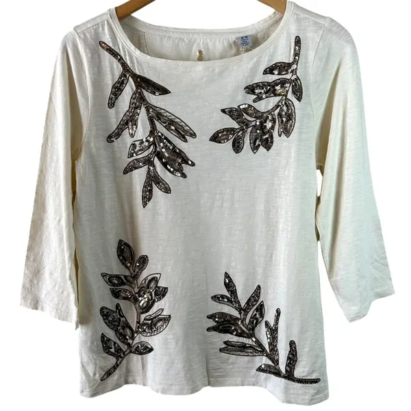 NWT Tommy Bahama Cream For Fronds Sequin Leaf Luxe Cotton Tee Top Size Medium - Image 2