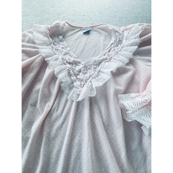 VTG 70s 80s Val Mode Pink 2PC Pajama Set Lace Yoke Cottagecore Coquette Medium - Image 2